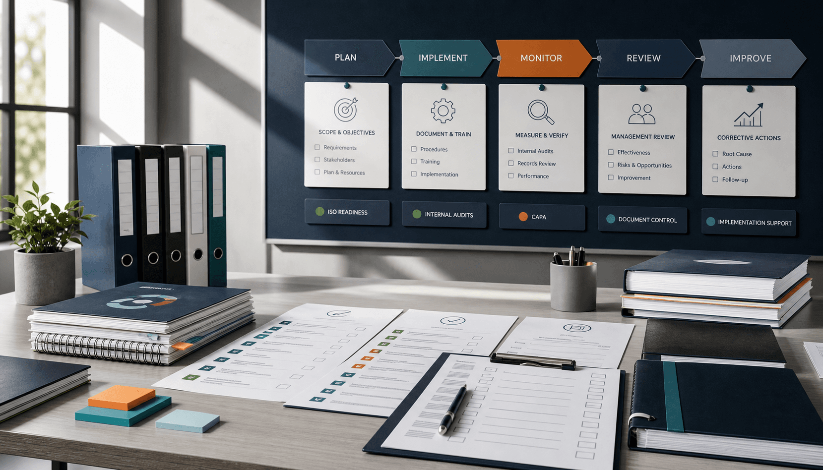 Structured compliance implementation materials, audit checklists, and quality records